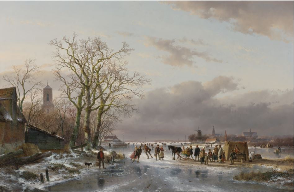 Skaters and a Horse Sledge by a Refreshment Stall, vintage artwork by Andreas Schelfhout, 12x8" (A4) Poster