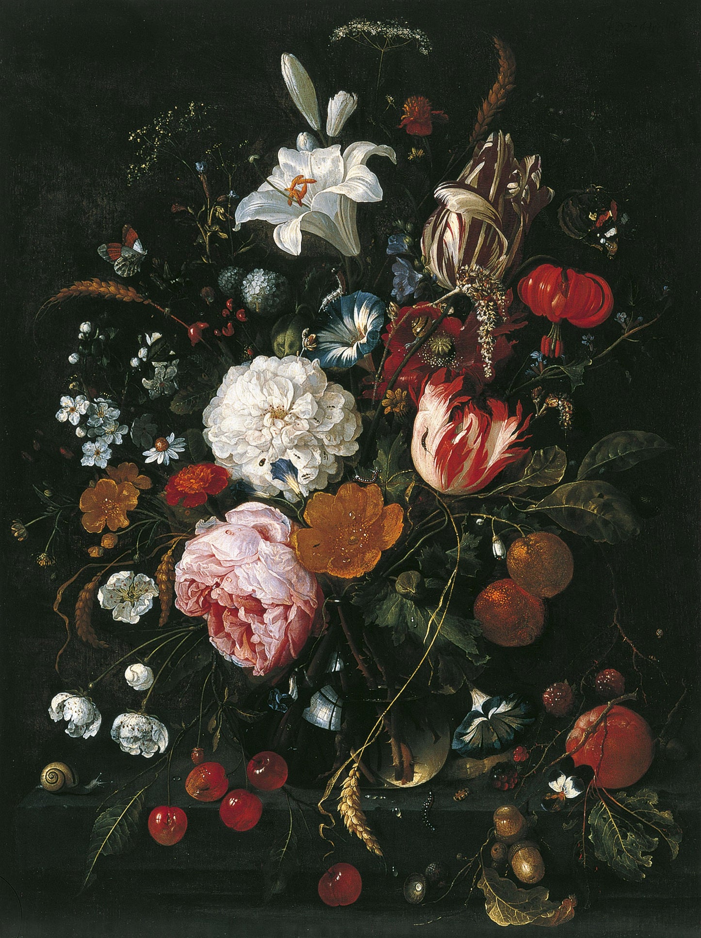 Flowers in a glass Vase with Fruit, vintage artwork by Jan Davidsz. de Heem, 12x8" (A4) Poster