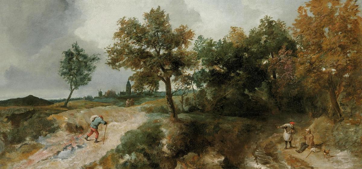 Hilly Landscape with Resting Peasants, vintage artwork by Jan Lievens, 12x8" (A4) Poster