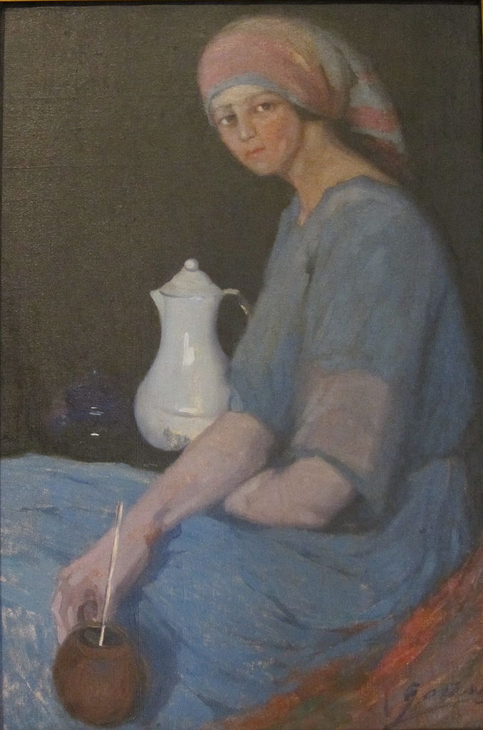 Girl with Mate, vintage artwork by Arturo Gordon Vargas, 12x8" (A4) Poster