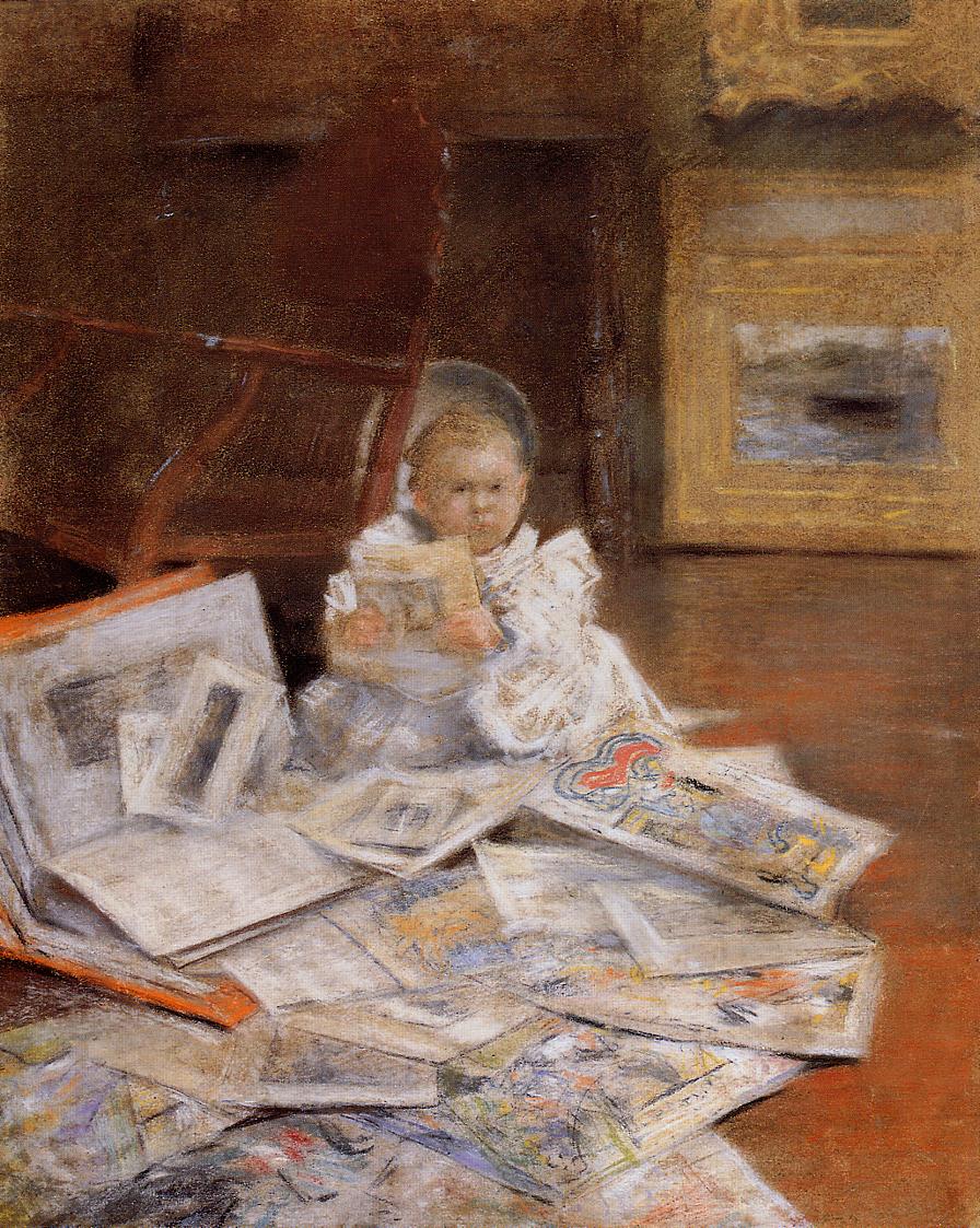 Child with Prints, vintage artwork by William Merritt Chase, 12x8" (A4) Poster