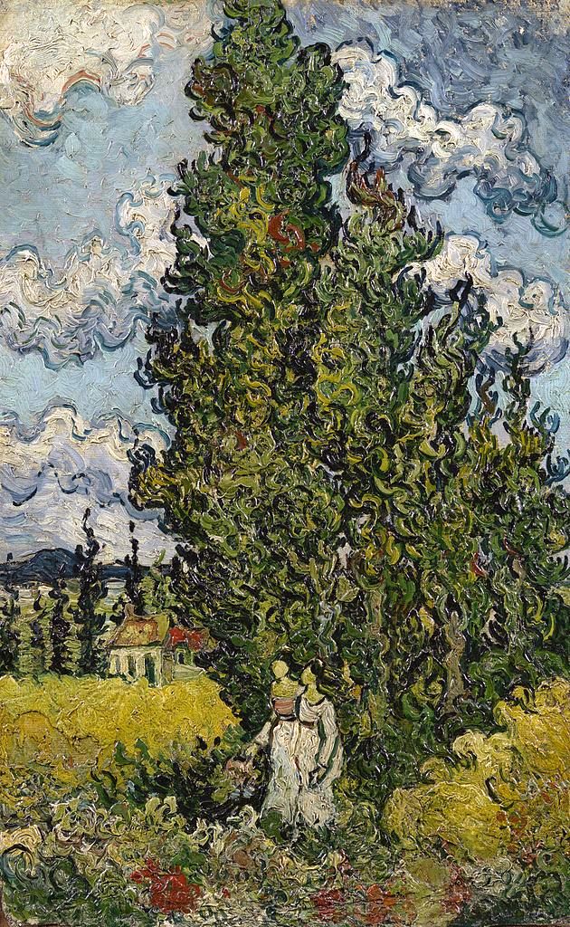 Cypresses with Two Women, vintage artwork by Vincent van Gogh, 12x8" (A4) Poster