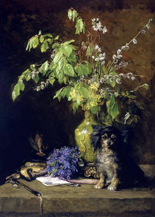 Spring Bouquet with Dog, vintage artwork by Bertha Wegmann, 12x8" (A4) Poster