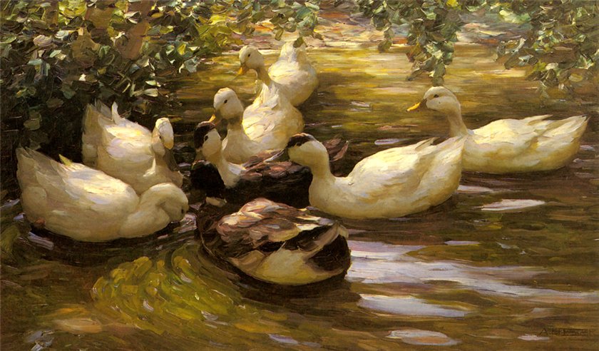 Ducks under the birch, vintage artwork by Alexander Koester, 12x8" (A4) Poster