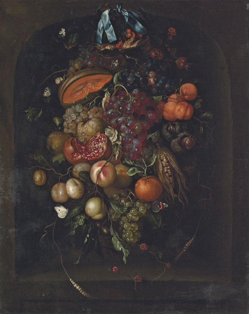 Grapes, pomegranates, apricots and other fruit in a niche, vintage artwork by Ernst Stuven, 12x8" (A4) Poster