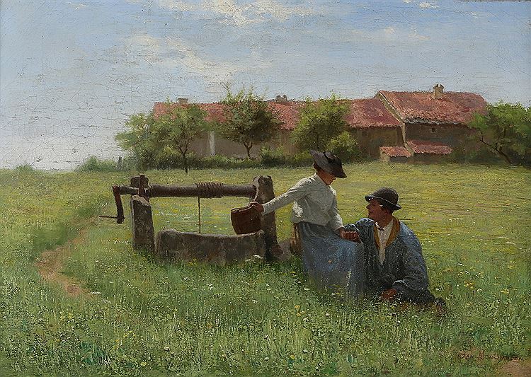 Lovers near the Well, vintage artwork by Jean Ferdinand Monchablon, 12x8" (A4) Poster