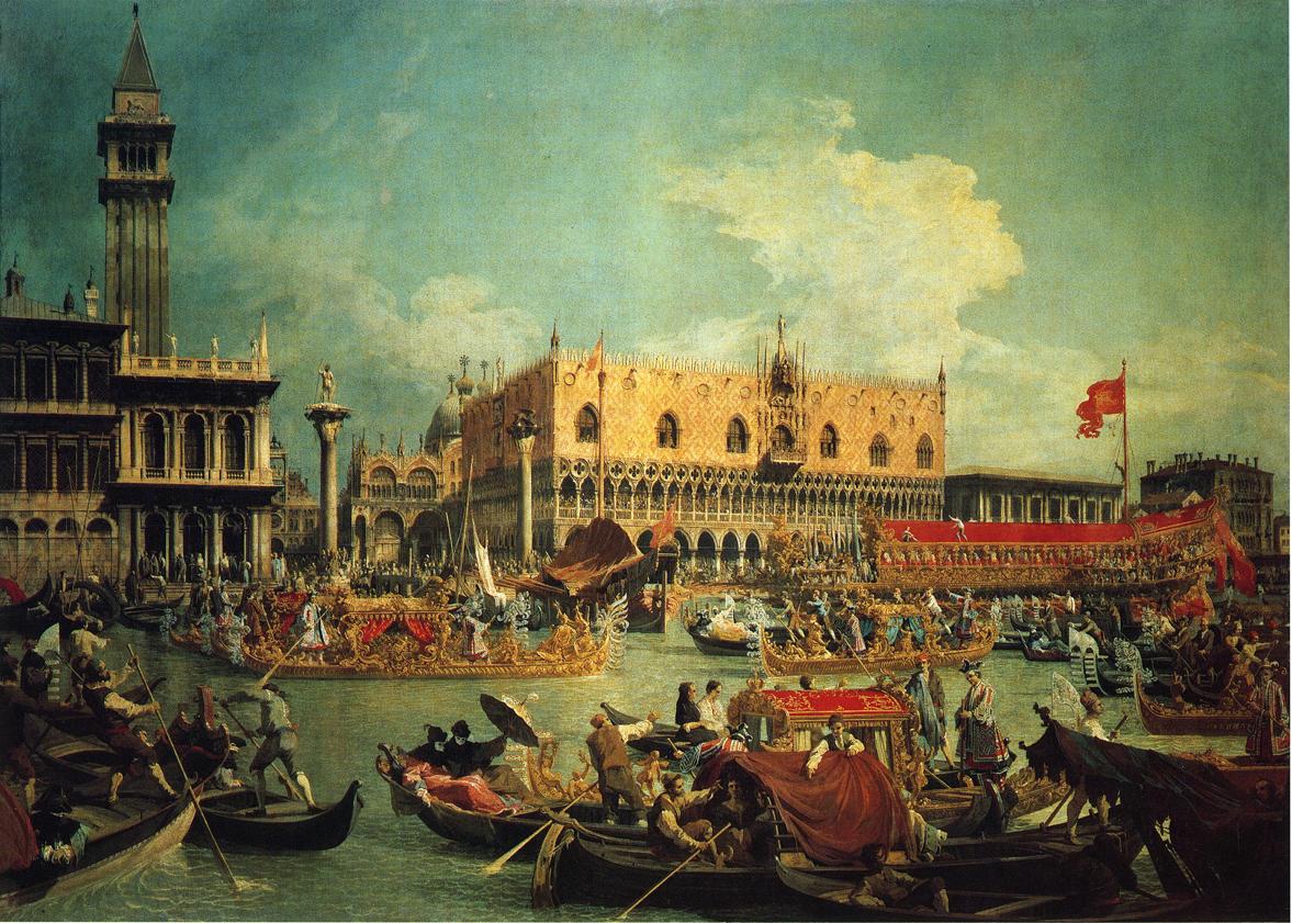The Bucintgoro by the Molo on Ascension Day, vintage artwork by Canaletto, 12x8" (A4) Poster