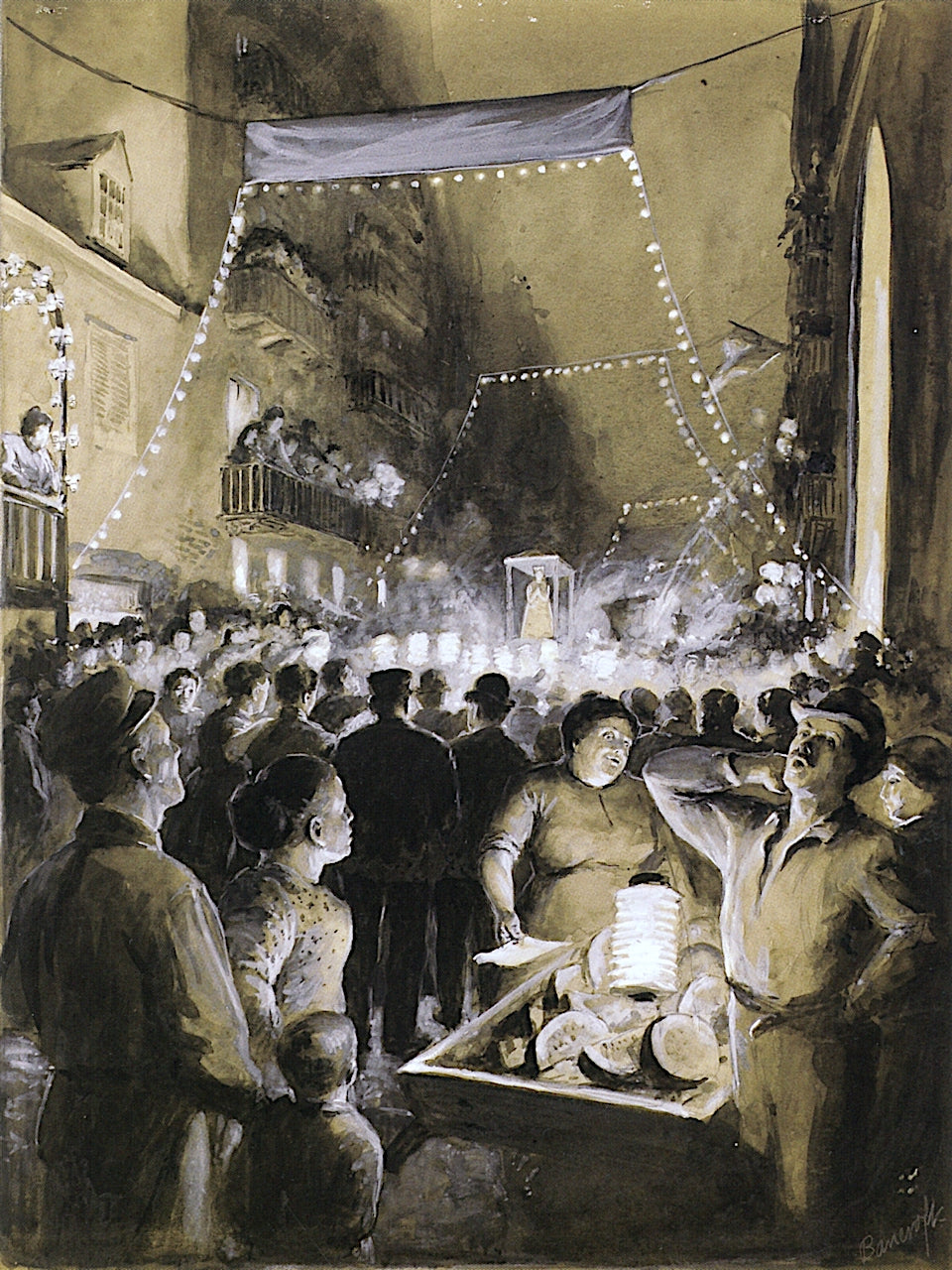 Italian Fête, Elizabeth Street, vintage artwork by Milton Bancroft, 12x8" (A4) Poster