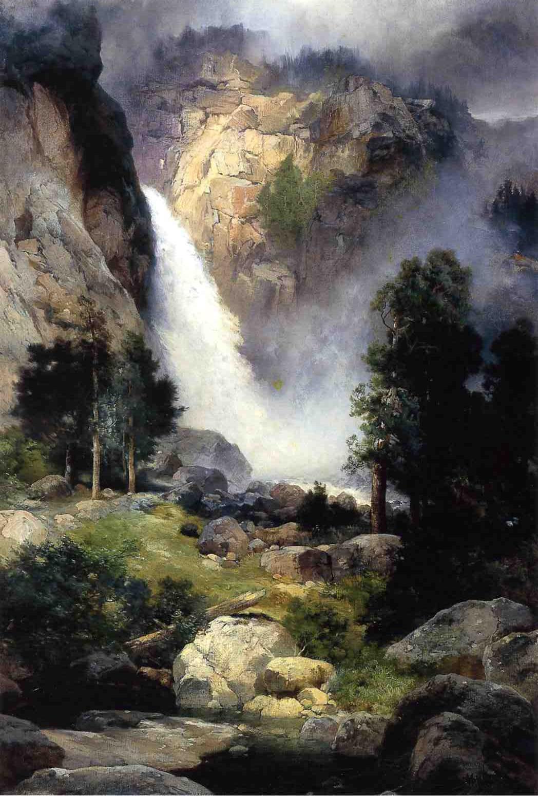 Cascade Falls, Yosemite, vintage artwork by Thomas Moran, 12x8" (A4) Poster