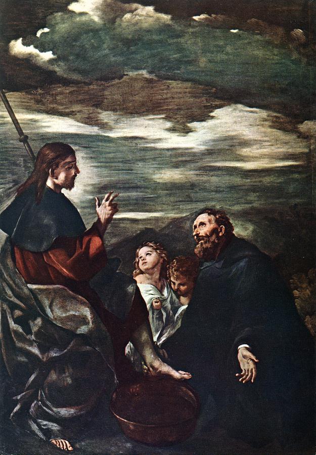 Saint Augustine Washing the Feet of the Redeemer, vintage artwork by Guercino, 12x8" (A4) Poster
