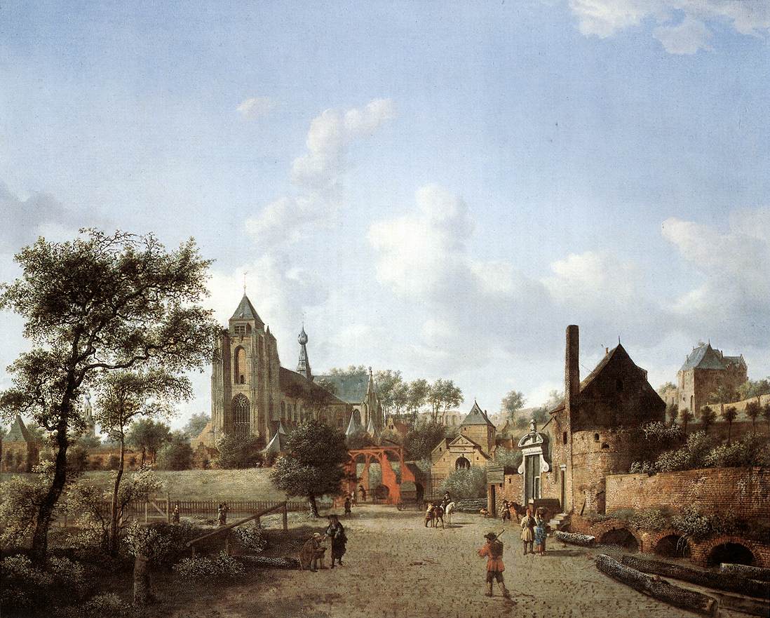 Approach to the Town of Veere, vintage artwork by Jan van der Heyden, 12x8" (A4) Poster