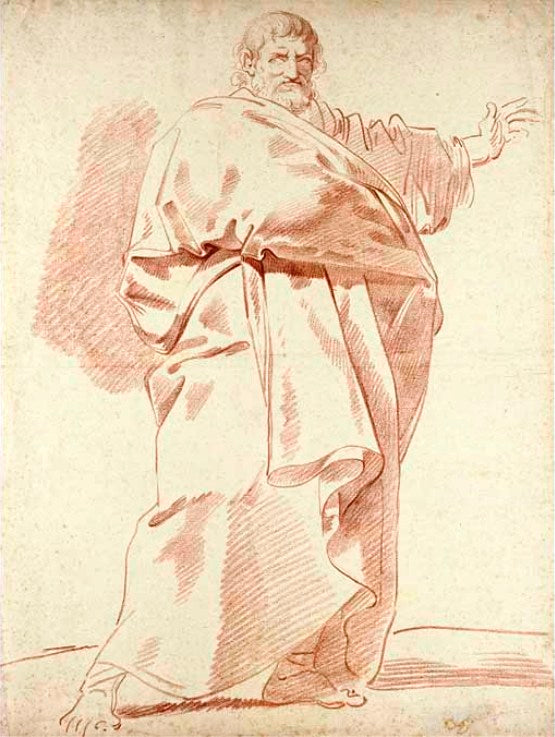 A Bearded Man in a Thick Cloak Gesturing to the Right, vintage artwork by Jean-Simon Berthelemy, 12x8" (A4) Poster