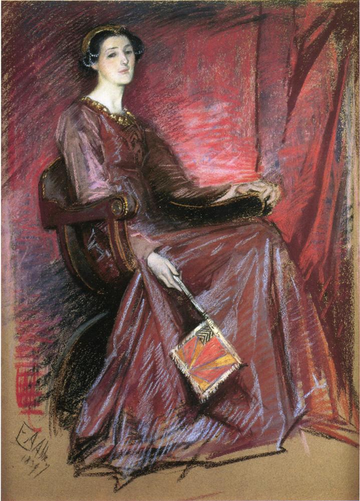 Seated Woman Wearing Elizabethan Headdress, vintage artwork by Edwin Austin Abbey, 12x8" (A4) Poster
