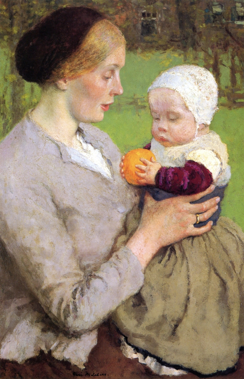 Mother and Child with Orange, vintage artwork by Gari Melchers, 12x8" (A4) Poster