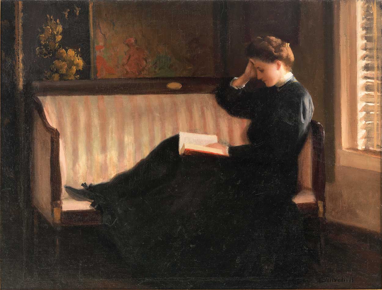 Woman Reading on a Settee, vintage artwork by William Worchester Churchill, 12x8" (A4) Poster