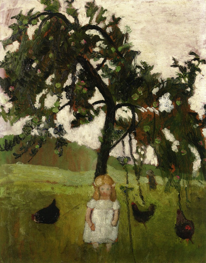 Elizabeth with Hens under an Apple Tree, vintage artwork by Paula Modersohn-Becker, 12x8" (A4) Poster