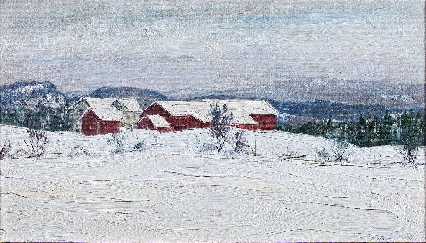 Farm in Asker, winter, vintage artwork by Gustav Wentzel, 12x8" (A4) Poster