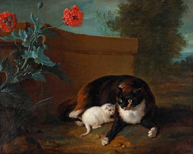 Cat with a Kitten, vintage artwork by Jean-Baptiste Oudry, 12x8" (A4) Poster