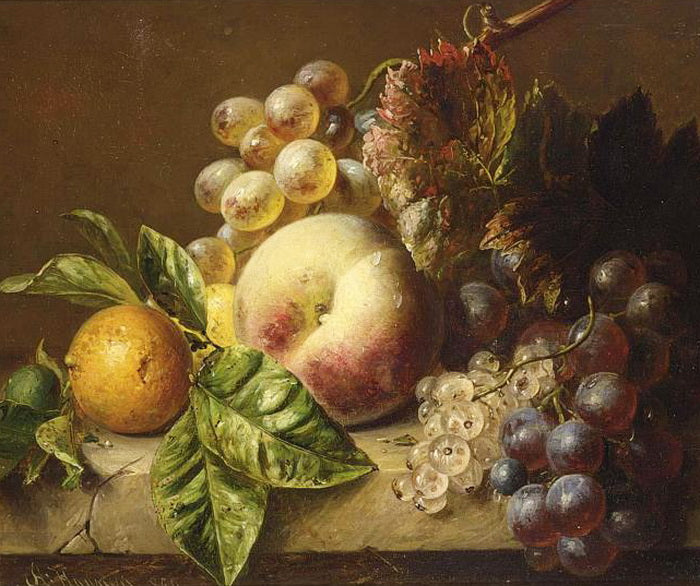 A peach, medlar, grapes and white currants on a ledge, vintage artwork by Adriana Johanna Haanen, A3 (16x12") Poster Print