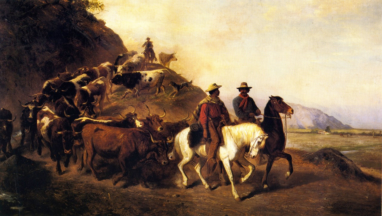 Mexican Cattle Drive in Southern California, vintage artwork by William Hahn, 12x8" (A4) Poster