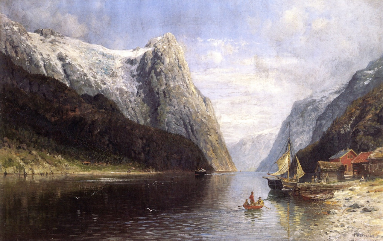 Fishing Boats on a Fjord, vintage artwork by Anders Monsen Askevold, 12x8" (A4) Poster