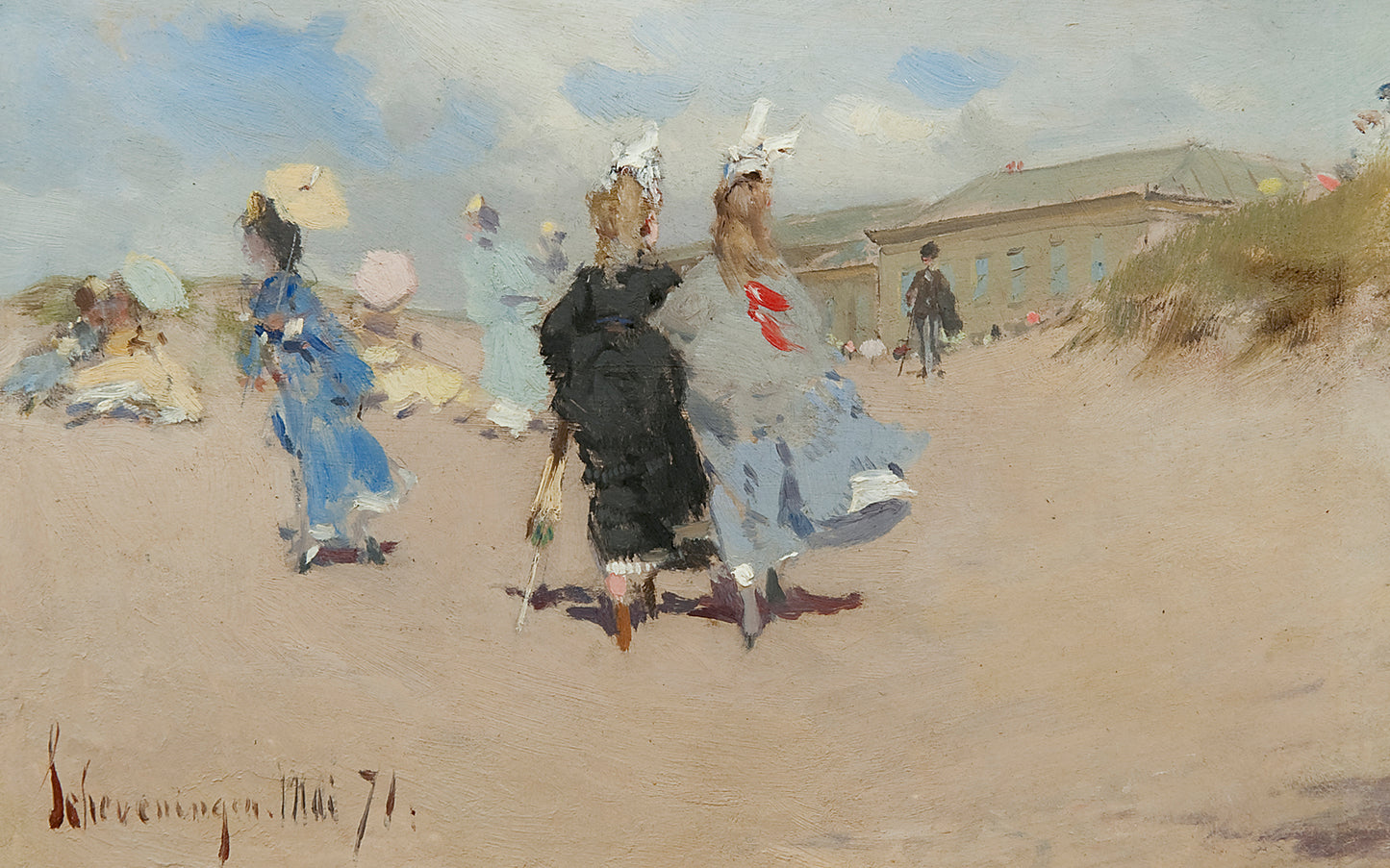 Elegant ladies at the Scheveningen Beach, vintage artwork by Frederik Henrdik Kaemmerer, 12x8" (A4) Poster
