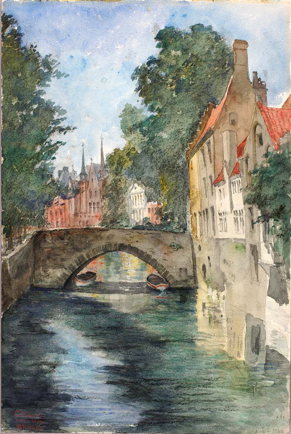 On the Canal, Bruges, vintage artwork by Cass Gilbert, 12x8" (A4) Poster