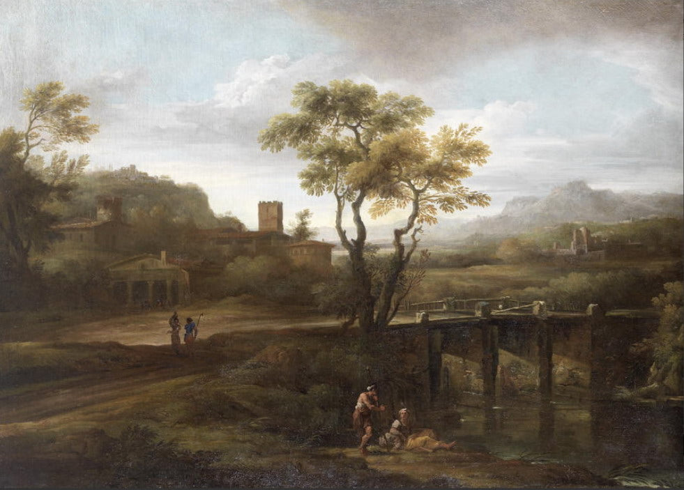 Figures by a Bridge in an Italianate Landscape, vintage artwork by Follower of Paolo Anesi, 12x8" (A4) Poster