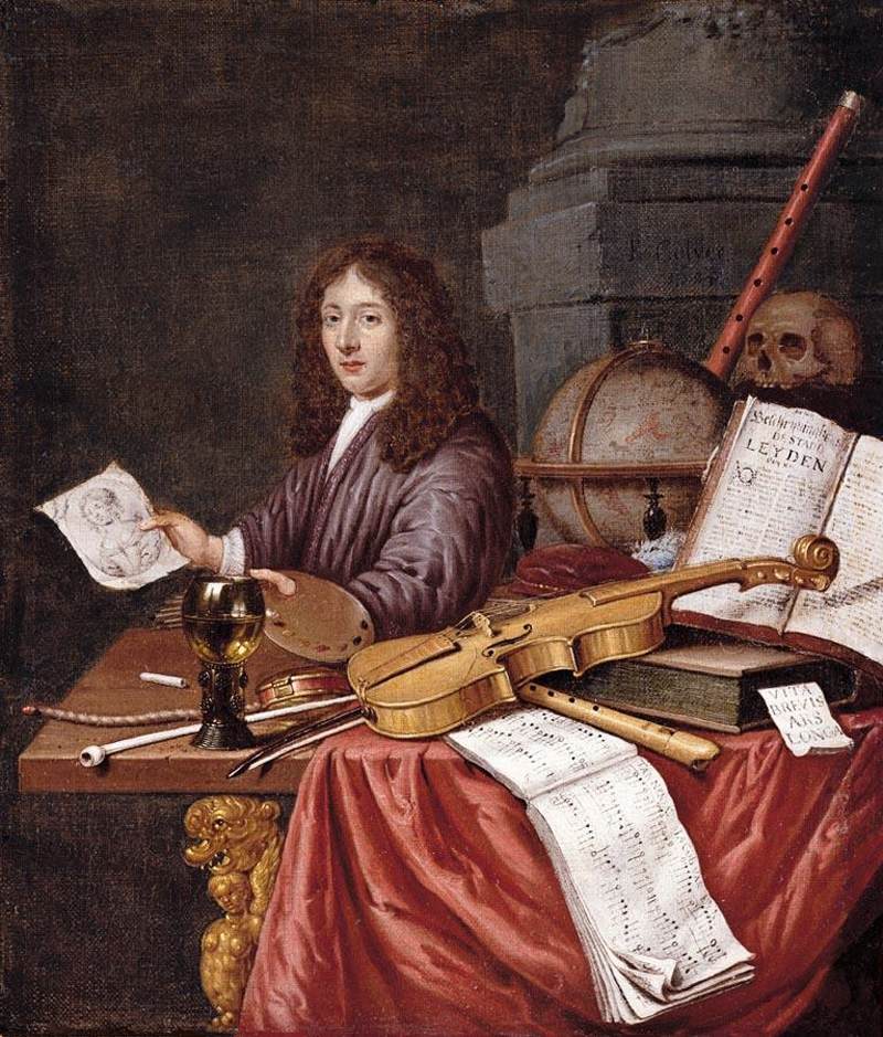 Self-Portrait with a Vanitas Still- Life, vintage artwork by Edwaert Collier, 12x8" (A4) Poster