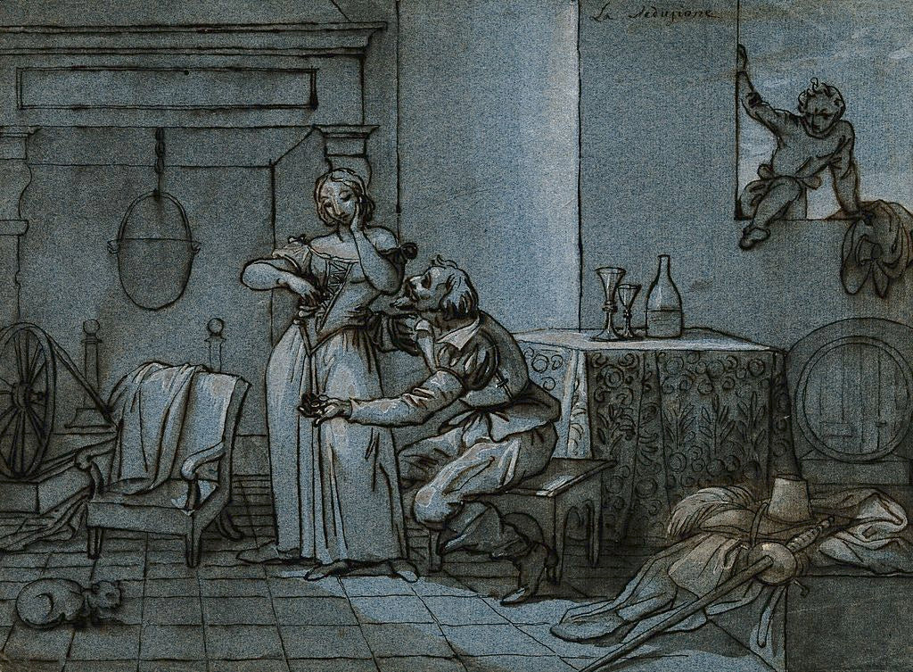An elderly man offering money to a young woman, vintage artwork by Bartolomeo Pinelli, 12x8" (A4) Poster