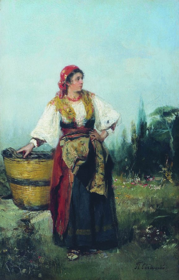 Woman with a Basket, vintage artwork by Pavel Svedomsky, 12x8" (A4) Poster