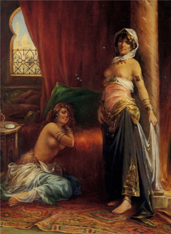 Two Harem Beauties, vintage artwork by Henri Adrien Tanoux, 12x8" (A4) Poster