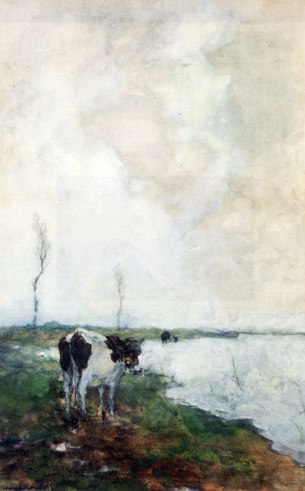 A Cow Standing by The Waterside In A Polder, vintage artwork by Johan Hendrik Weissenbruch, 12x8" (A4) Poster