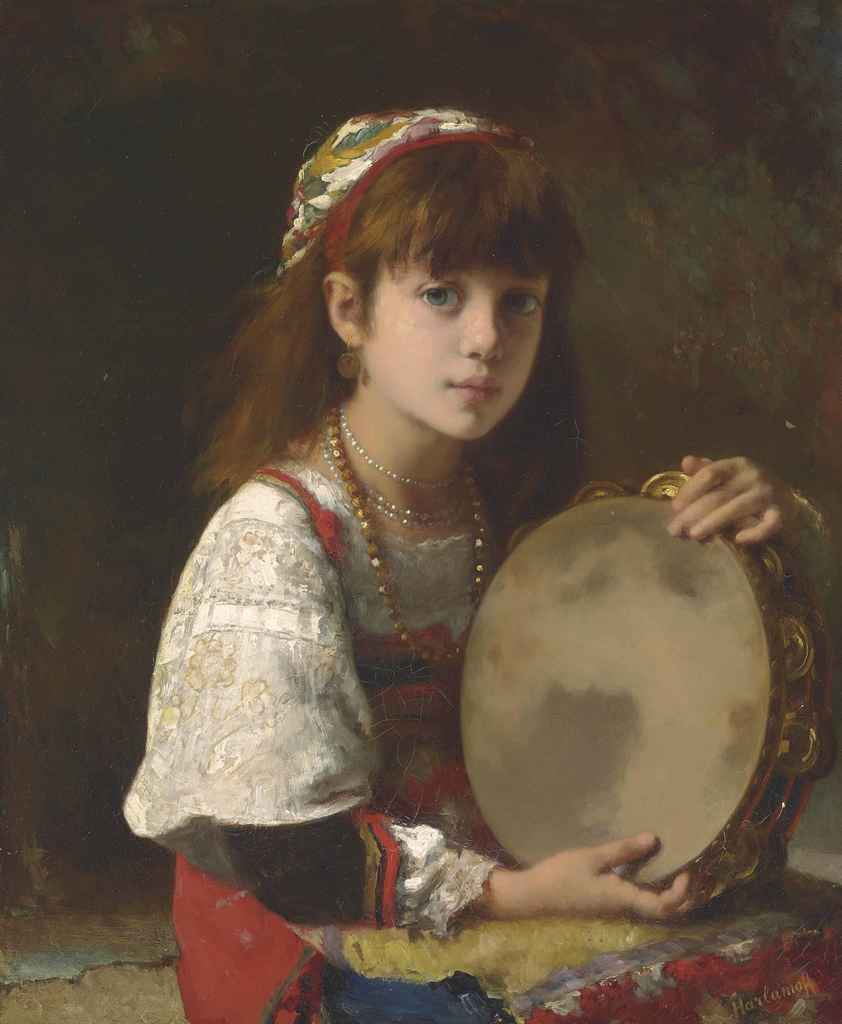Girl with a Tambourine, vintage artwork by Alexei Harlamoff, 12x8" (A4) Poster