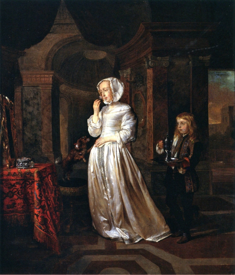 A Woman at Her Toilet with a Page, vintage artwork by Gabriël Metsu, 12x8" (A4) Poster