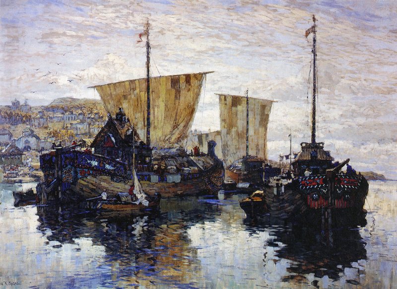 Boats in Veliky Novgorod by Konstantin Gorbatov,16x12(A3) Poster