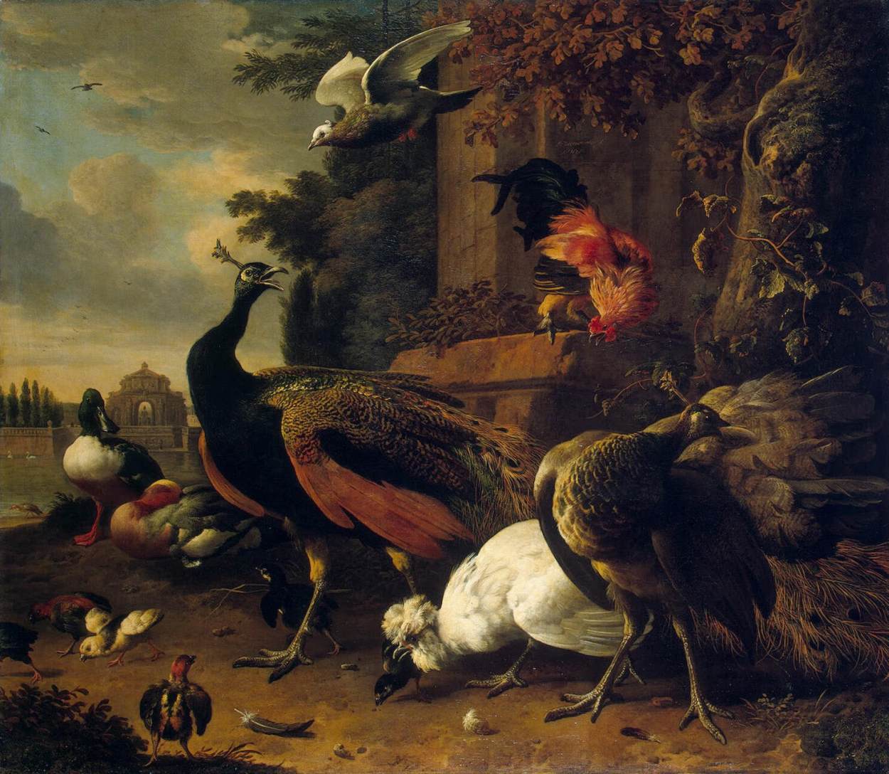 Exotic Birds in a Park, vintage artwork by Melchior d'Hondecoeter, 12x8" (A4) Poster