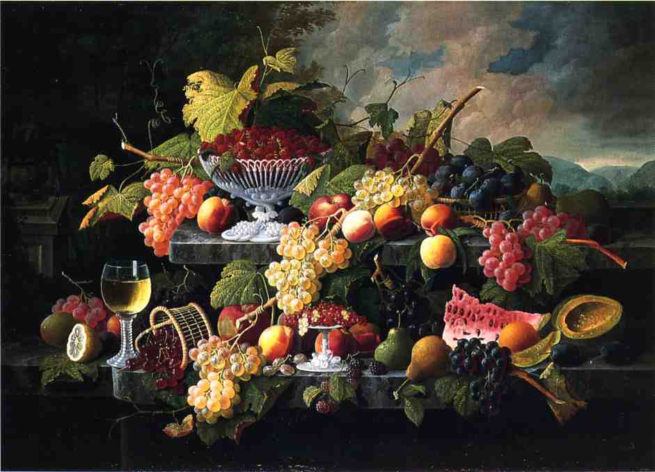 Fruit Still Life with Wine Glass in a Landscape, vintage artwork by Severin Roesen, A3 (16x12") Poster Print