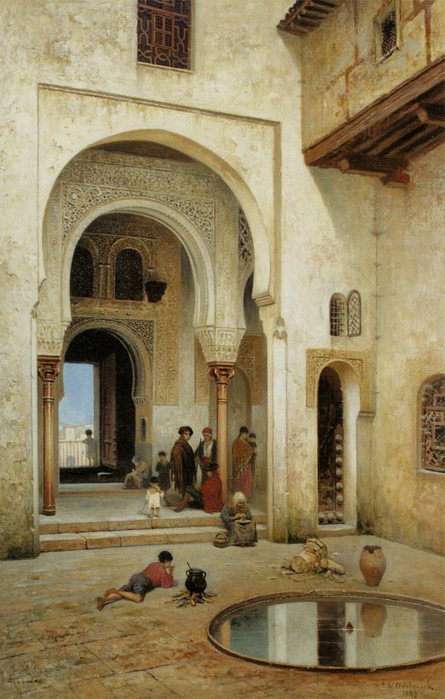 Courtyard in the Alhambra, vintage artwork by Frans Wilhelm Odelmark, 12x8" (A4) Poster
