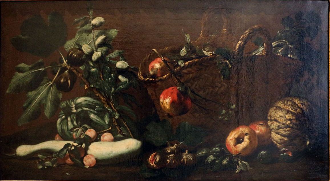 Still life with a basket, fruits and vegetables, vintage artwork by Simon del Tintore, 12x8" (A4) Poster