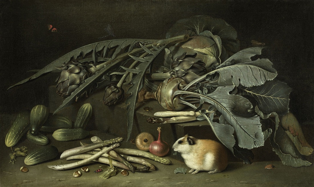 Still life with vegetables and guinea pigs, vintage artwork by Jakob Samuel Beck, 12x8" (A4) Poster
