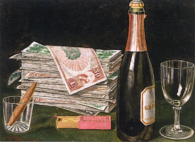 Still Life with Money Pile and Champagne, vintage artwork by Victor Dubreuil, 12x8" (A4) Poster