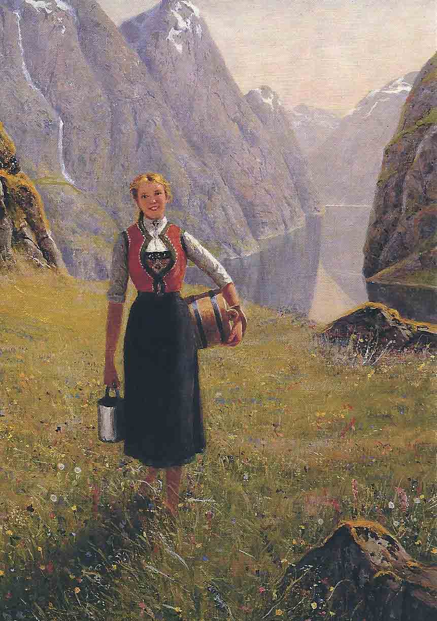 Young Girl by a Fjord, vintage artwork by Hans Dahl, 12x8" (A4) Poster