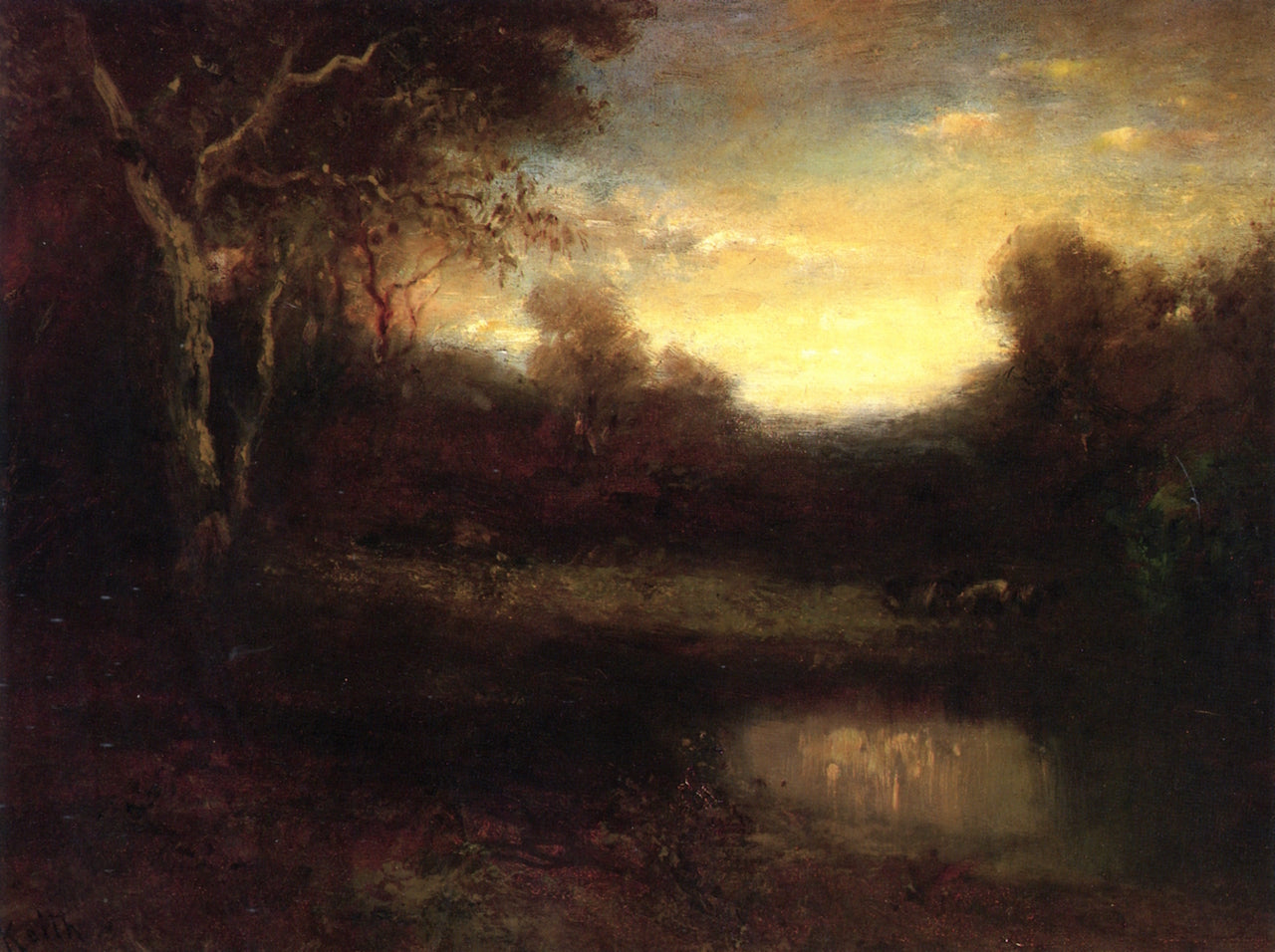 Woodland Scene with Cows and Pond, vintage artwork by William Keith, 12x8" (A4) Poster
