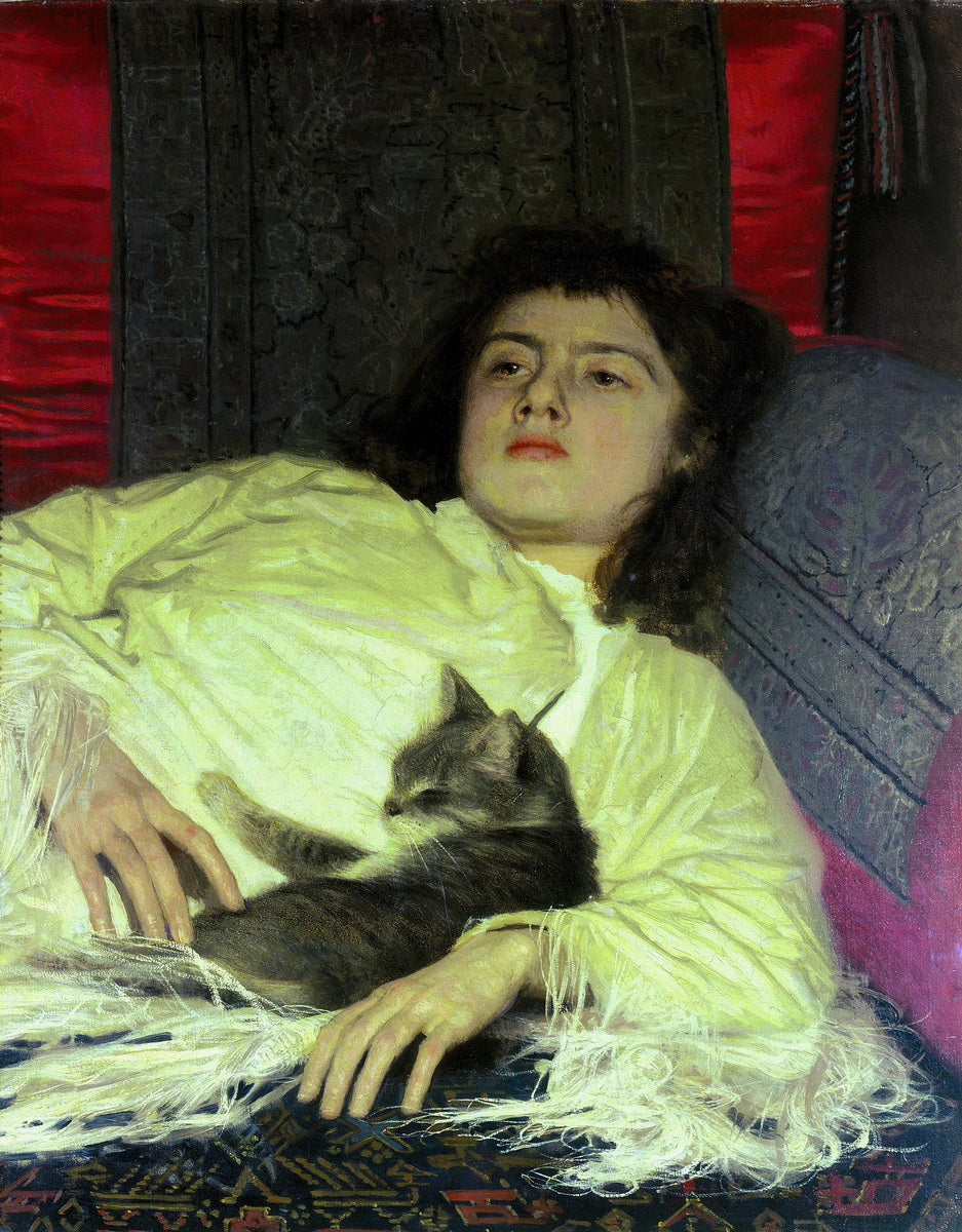 Girl with Cat, vintage artwork by Ivan Kramskoi, 12x8" (A4) Poster