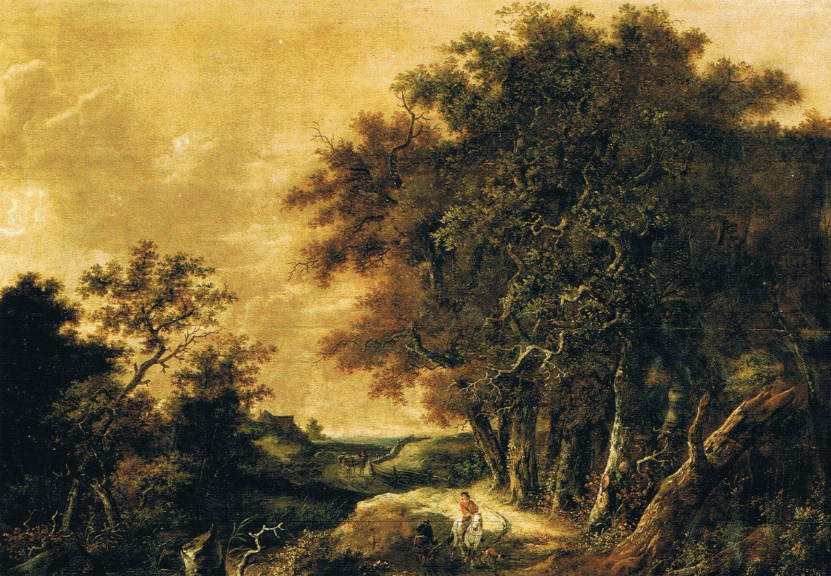 Wooded Landscape with a Peasant Greeting a Rider, vintage artwork by Roelof van Vries, 12x8" (A4) Poster