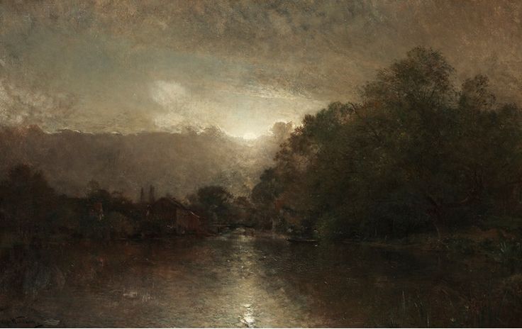 River Landscape in the Moonlight, vintage artwork by Alfred Wahlberg, 12x8" (A4) Poster