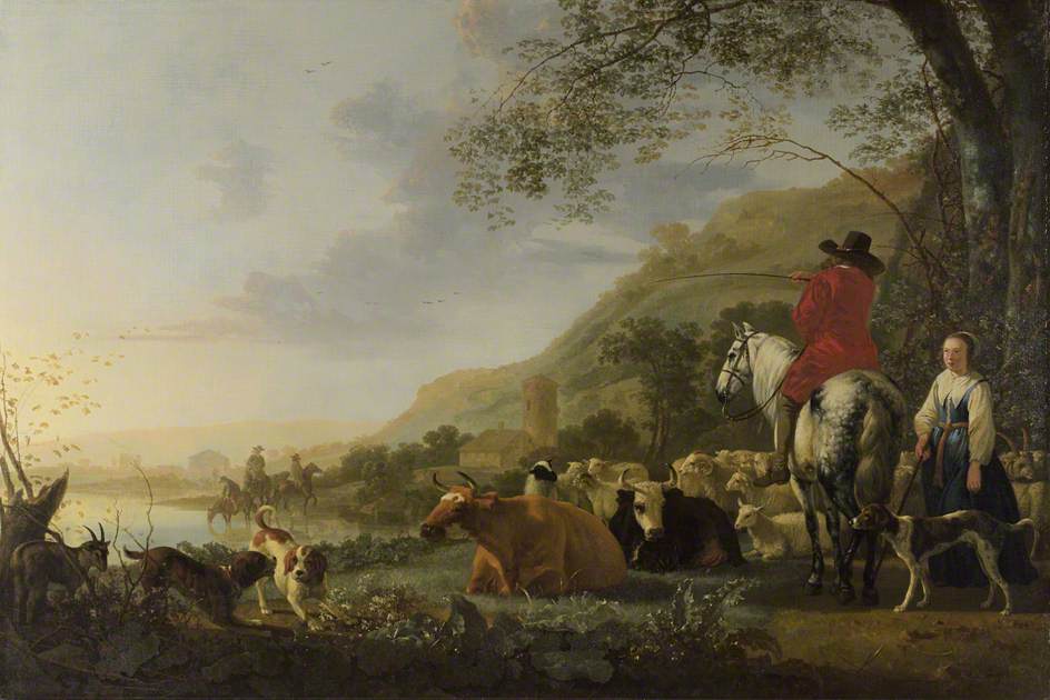 A Hilly Landscape with a Horseman Talking to a Shepherdess, vintage artwork by Aelbert Cuyp, 12x8" (A4) Poster