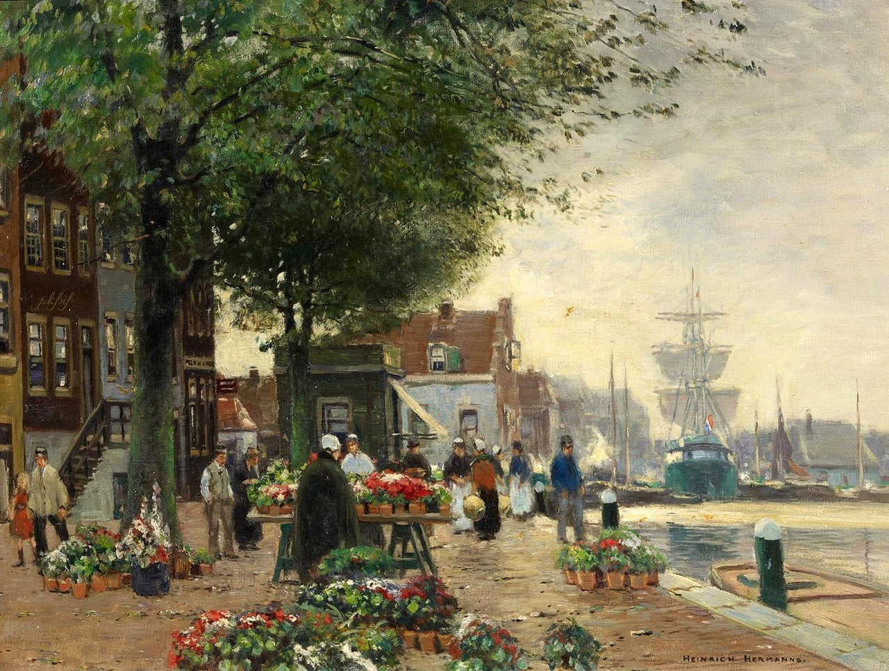 A Flower Market in a Dutch City by Heinrich Hermanns,A3(16x12")Poster