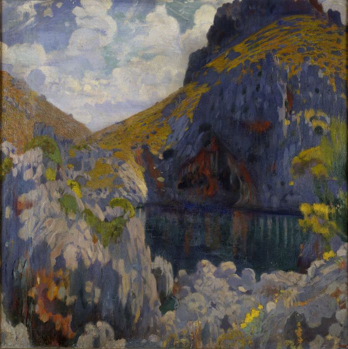 Gold and azure, vintage artwork by Joaquin Mir Trinxet, 12x8" (A4) Poster